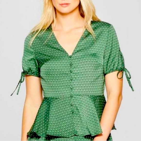 EUC Who What Wear Green Shadow Polka Dot Tie Sleeve Button Peplum Blouse Sz Sm - Picture 1 of 10